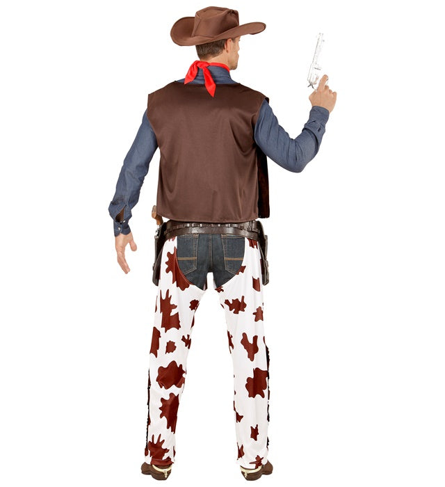 Cowboy-Kostüm bestehend aus Weste, Chaps, Cowboy-Hut und Bandana auf hellem Hintergrund