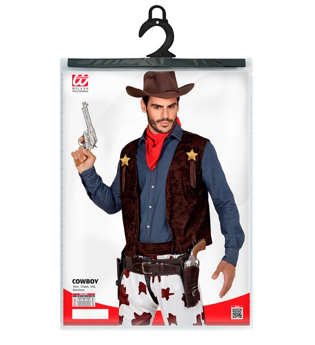 Cowboy-Kostüm bestehend aus Weste, Chaps, Cowboy-Hut und Bandana auf hellem Hintergrund