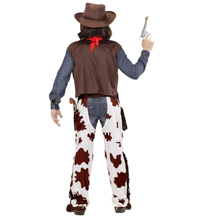Cowboy-Kostüm mit Weste, Chaps, Cowboy-Hut und rotem Bandana auf hellem Hintergrund