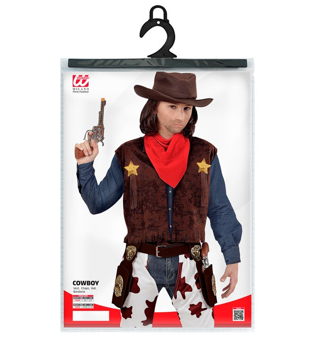 Cowboy-Kostüm mit Weste, Chaps, Cowboy-Hut und rotem Bandana auf hellem Hintergrund