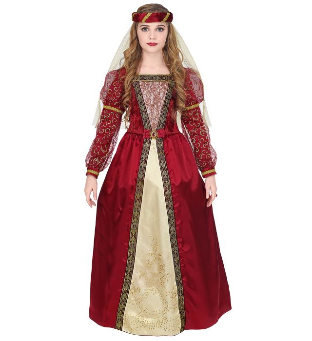 Mittelalter Prinzessin Kostüm mit Reifrock und Schleier auf hellem Hintergrund