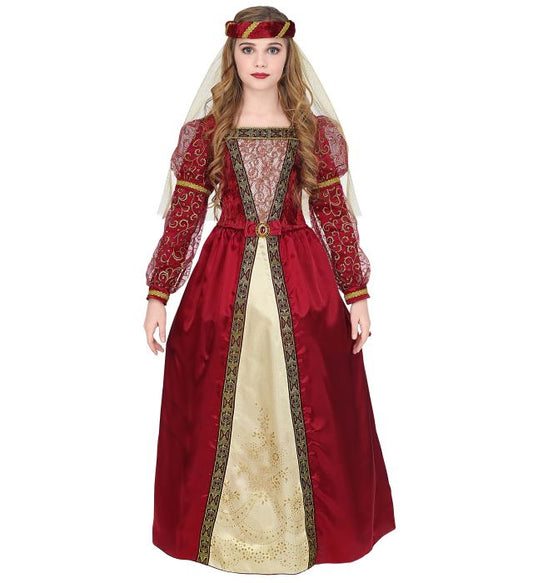Mittelalter Prinzessin Kostüm mit Reifrock und Schleier auf hellem Hintergrund