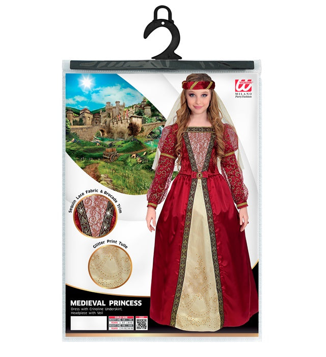 Mittelalter Prinzessin Kostüm mit Reifrock und Schleier auf hellem Hintergrund