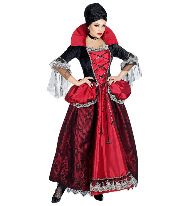 Vampirin Kostüm mit schwarzem Kleid, Reifrock und Halsband für Fasnacht