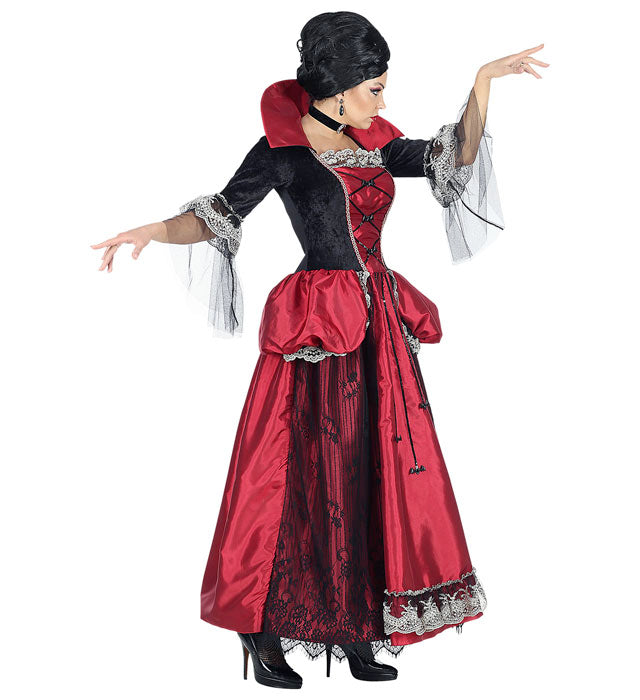 Vampirin Kostüm mit schwarzem Kleid, Reifrock und Halsband für Fasnacht