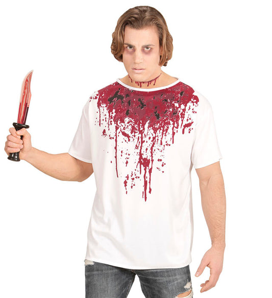 Blutverschmiertes Halloween-Shirt mit realistischen Blutflecken