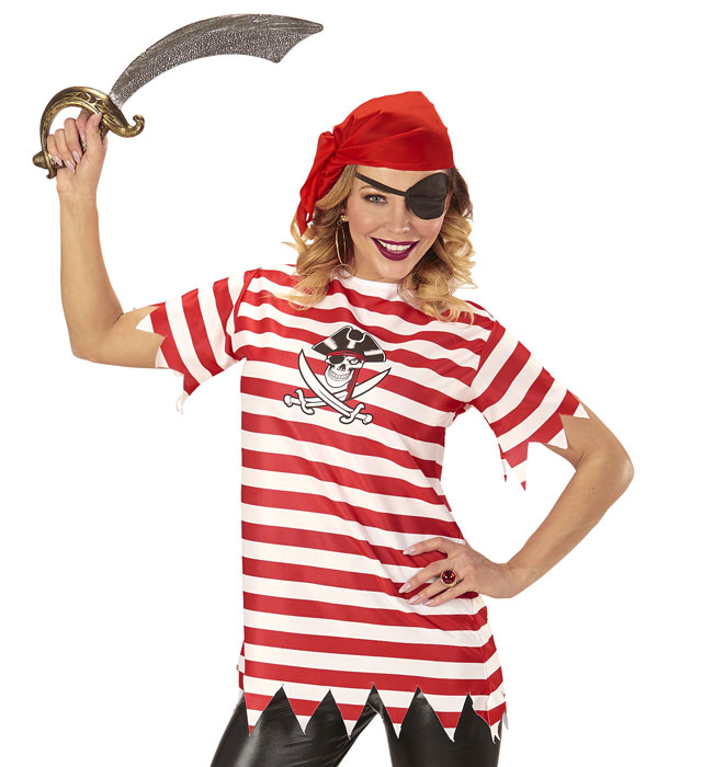Piratin Kostümset mit schwarzem T-Shirt, rotem Bandana und schwarzer Augenklappe