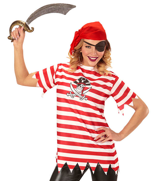 Piratin Kostümset mit schwarzem T-Shirt, rotem Bandana und schwarzer Augenklappe