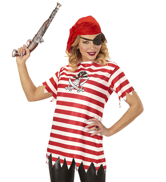 Piratin Kostümset mit schwarzem T-Shirt, rotem Bandana und schwarzer Augenklappe