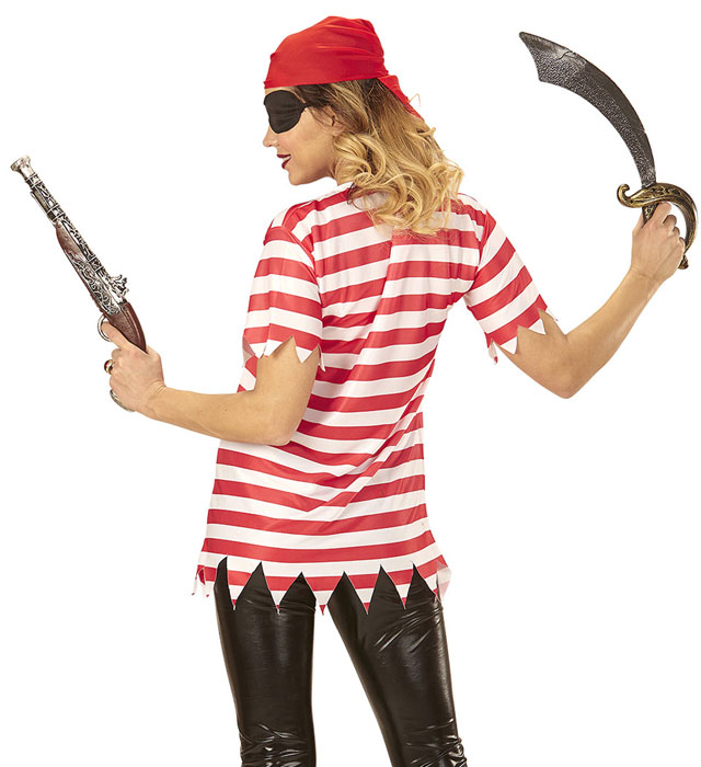 Piratin Kostümset mit schwarzem T-Shirt, rotem Bandana und schwarzer Augenklappe