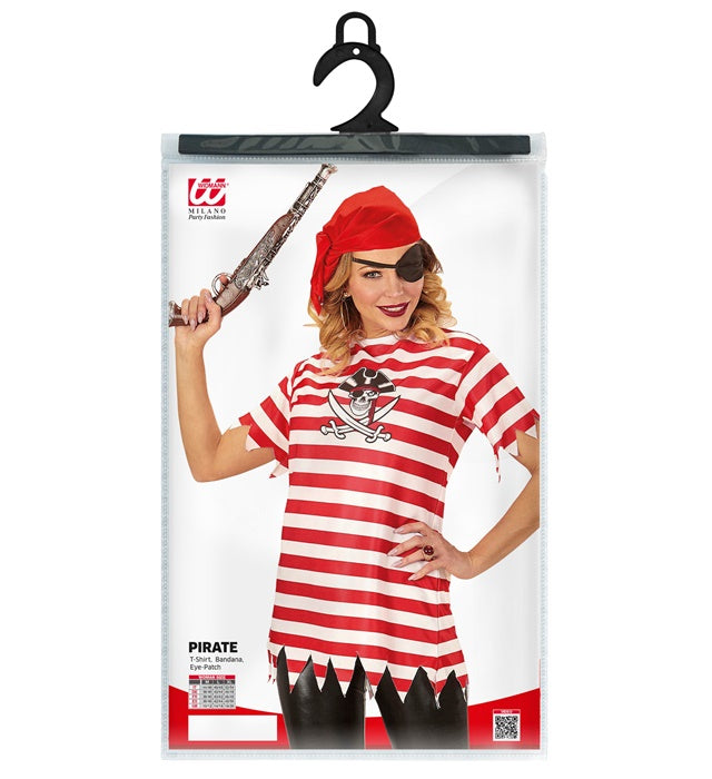Piratin Kostümset mit schwarzem T-Shirt, rotem Bandana und schwarzer Augenklappe