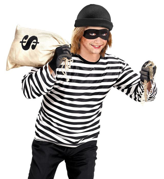 Dieb Kostüm Set mit schwarzem T-Shirt, Kappe und Augenmaske für Fasnacht