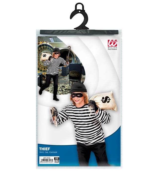 Dieb Kostüm Set mit schwarzem T-Shirt, Kappe und Augenmaske für Fasnacht