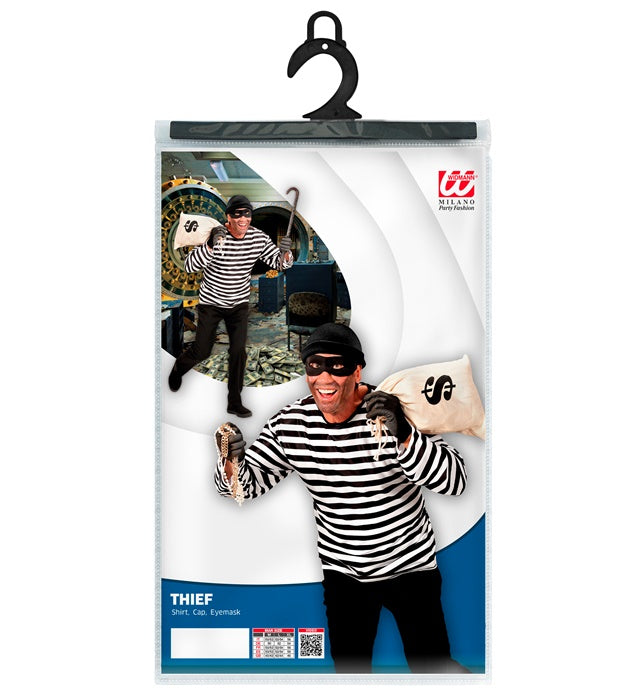 Dieb-Kostüm Set bestehend aus schwarzem T-Shirt, Kappe und Augenmaske