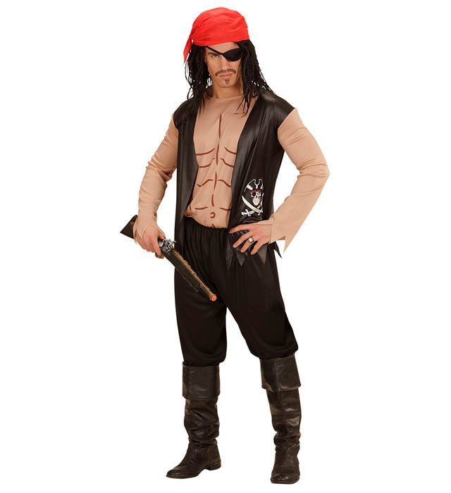 Pirat Kostüm Set mit T-Shirt, Weste, Bandana und Augenklappe für Fasnacht