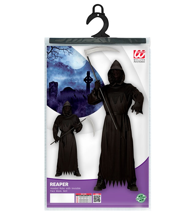 REAPER Kostüm mit schwarzer Kapuzenrobe und unsichtbarer Gesichtsmaske