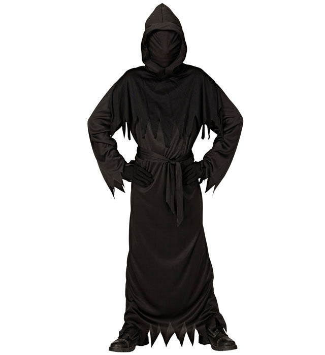 Reaper Kostüm mit langer Kapuzenrobe, Maske und Gürtel auf dunklem Hintergrund