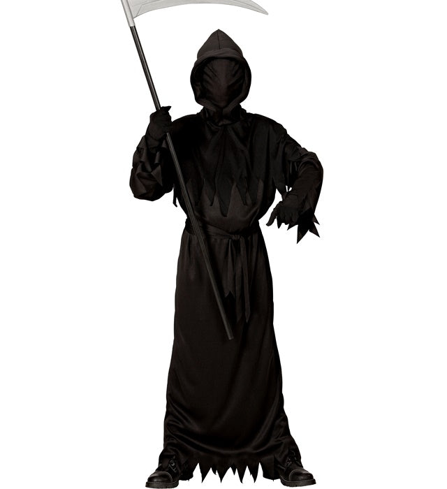 Reaper Kostüm mit langer Kapuzenrobe, Maske und Gürtel auf dunklem Hintergrund