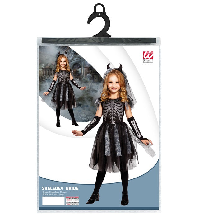 Skelett Braut Kostüm mit schwarzem Kleid, fingerlosen Handschuhen und Brautschleier mit Hörnern