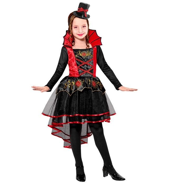 Vampirin Kostüm bestehend aus schwarzem Mini-Kleid und Minihut