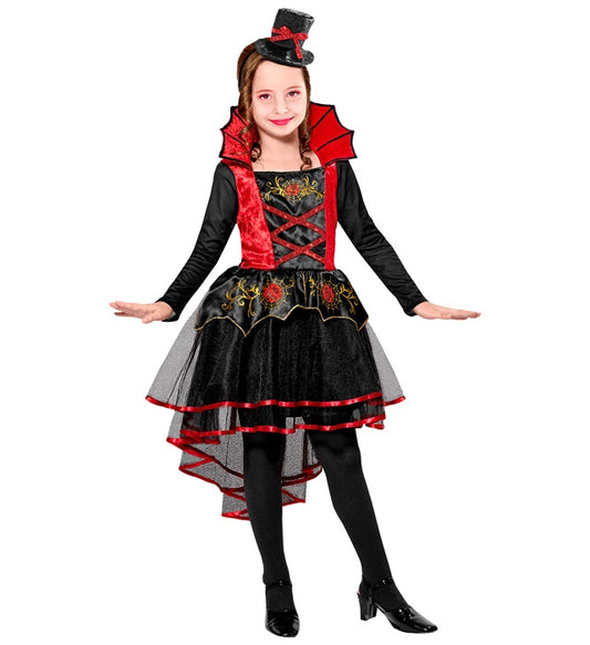 Vampirin Kostüm bestehend aus schwarzem Mini-Kleid und Minihut