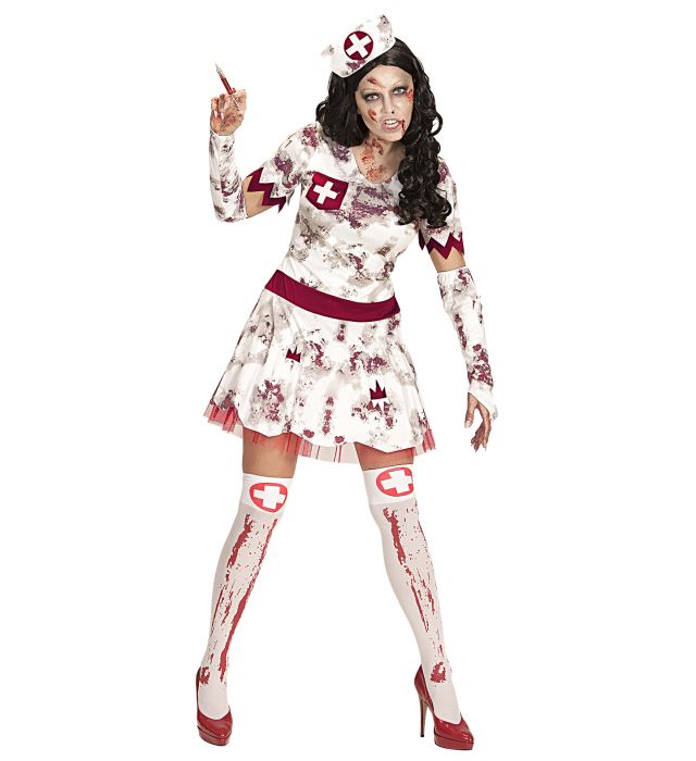 Zombie Krankenschwester Kostüm mit Kleid, fingerlosen Handschuhen und Haube