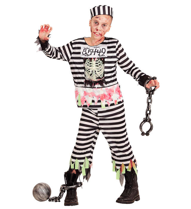 Zombie Sträfling Kostüm mit Oberteil, Hose und Mütze für Fasnacht