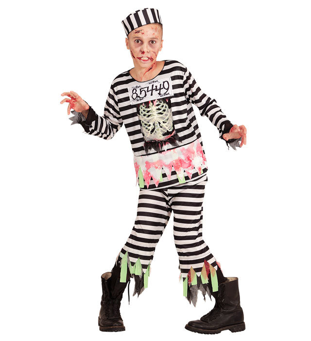 Zombie Sträfling Kostüm mit Oberteil, Hose und Mütze für Fasnacht