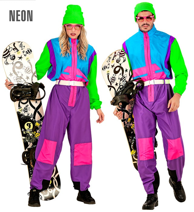 Ski- und Snowboardanzug Overall in Violett, Hellblau und Grün mit Gürtel