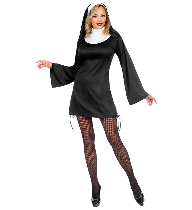 Nonnenkostüm mit schwarzem Kleid und weißer Haube für Fasnacht und Karneval