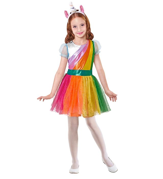Einhorn Kostüm bestehend aus farbenfrohem Kleid und Haarreif mit Einhornhorn