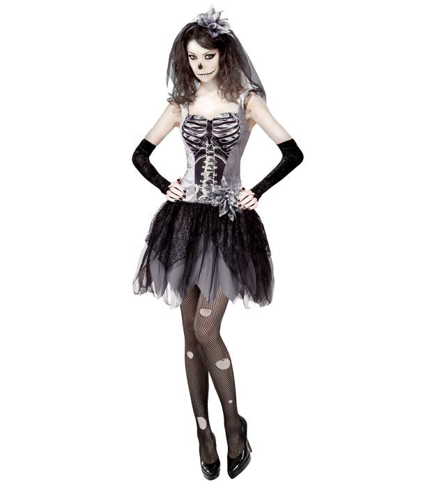 Skelett-Brautkleid mit Brautschleier und fingerlosen Handschuhen in Schwarz-Weiss