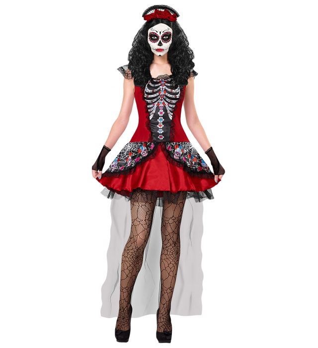 Día de los Muertos Damenkostüm mit buntem Kleid, fingerlosen Handschuhen und dekorativem Kopfschmuck