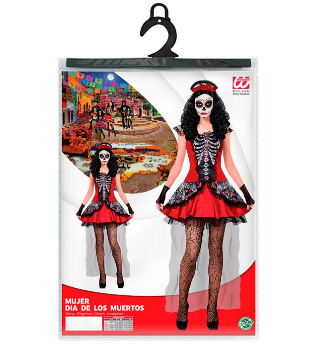 Día de los Muertos Damenkostüm mit buntem Kleid, fingerlosen Handschuhen und dekorativem Kopfschmuck