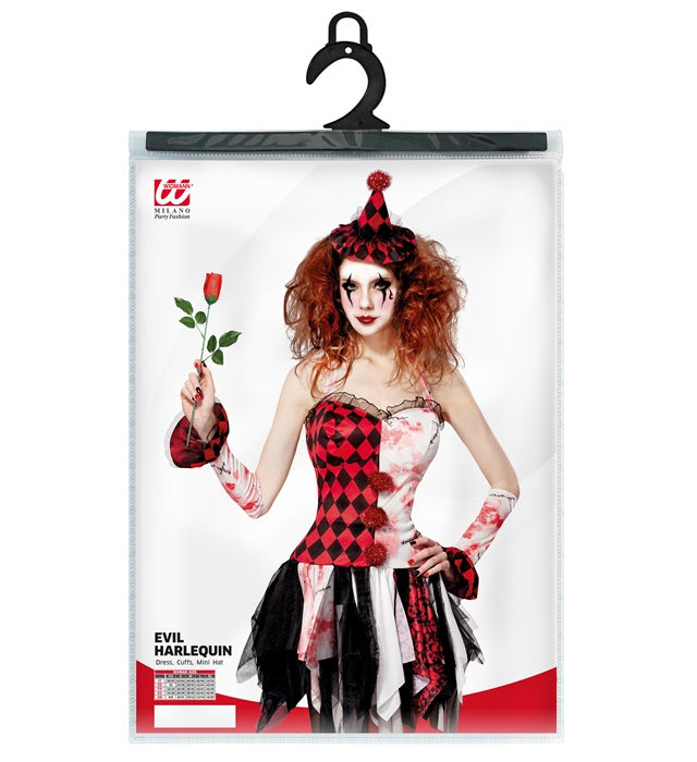 Horror Harlekin Mädchen Kostüm mit Minihut und Armbändern für Fasnacht und Halloween