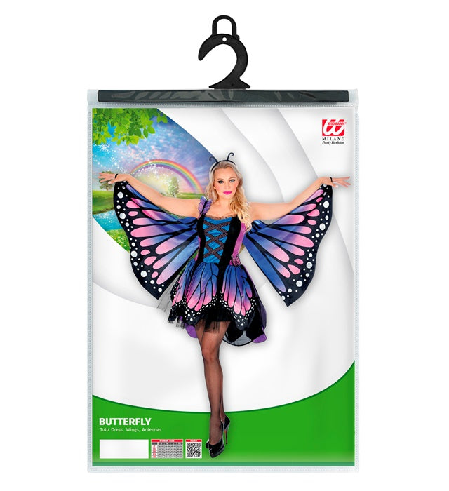 Schmetterlingskostüm mit Tutu, Flügeln und Antennen auf weißem Hintergrund