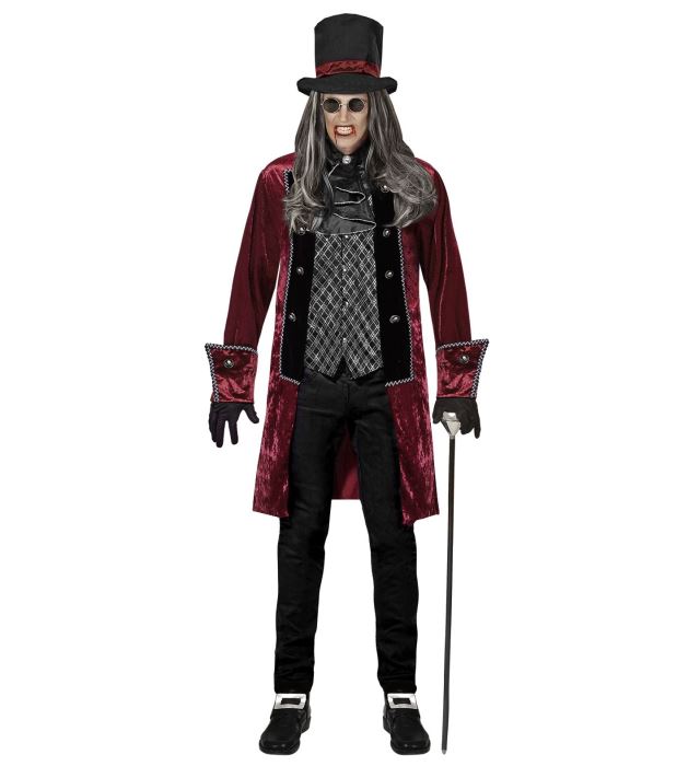 Viktorianisches Vampirkostüm mit schwarzer Jacke, Weste, Jabot, Handschuhen und Hut