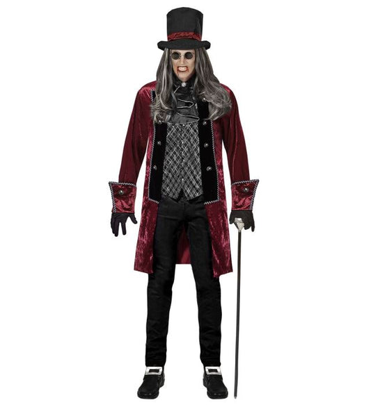Viktorianisches Vampirkostüm mit schwarzer Jacke, Weste, Jabot, Handschuhen und Hut