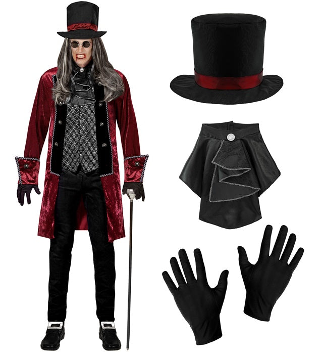 Viktorianisches Vampirkostüm mit schwarzer Jacke, Weste, Jabot, Handschuhen und Hut
