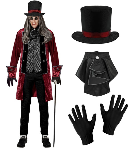 Viktorianisches Vampirkostüm mit schwarzer Jacke, Weste, Jabot, Handschuhen und Hut