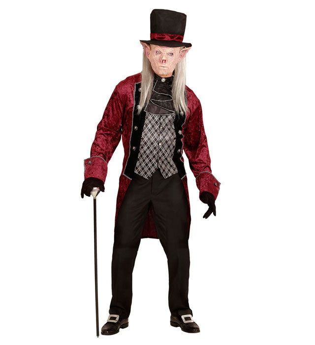 Viktorianisches Vampirkostüm mit schwarzer Jacke, Weste, Jabot, Handschuhen und Hut