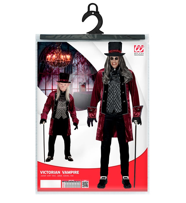 Viktorianisches Vampirkostüm mit schwarzer Jacke, Weste, Jabot, Handschuhen und Hut