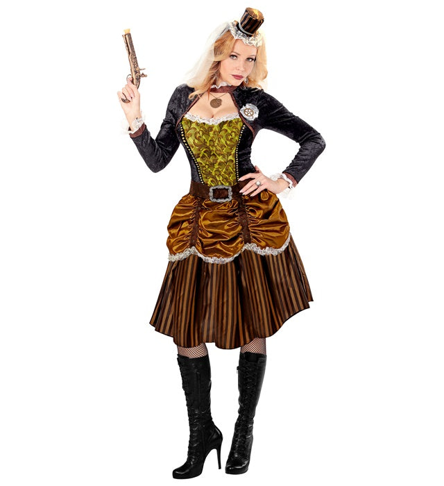 Steampunk-Kleid mit Gürtel und Minihut als Fasnachtskostüm im Vintage-Design