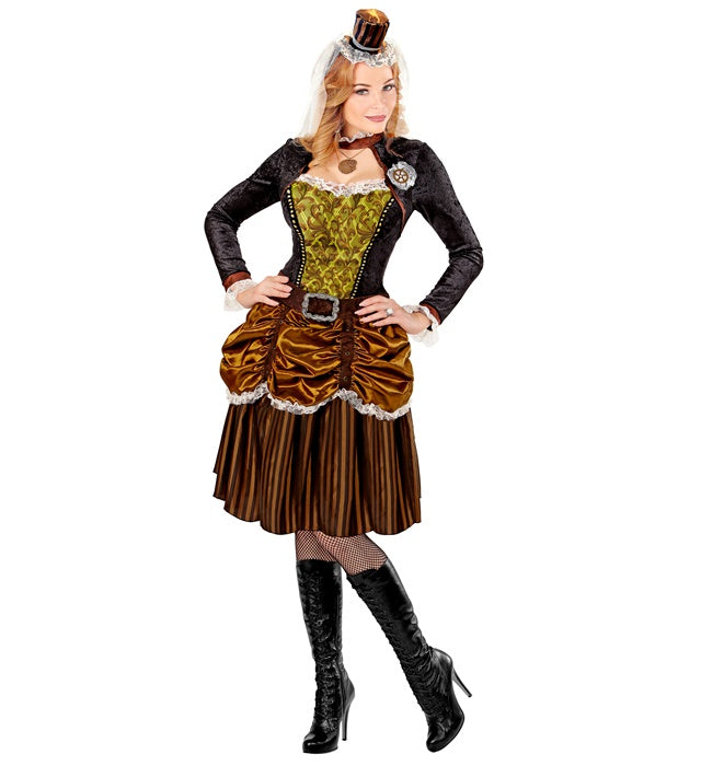 Steampunk-Kleid mit Gürtel und Minihut als Fasnachtskostüm im Vintage-Design