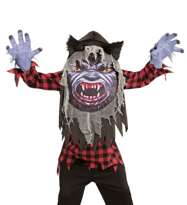 Werwolf-Kostüm mit Robe und großer Maske mit Kapuze für Fasnacht