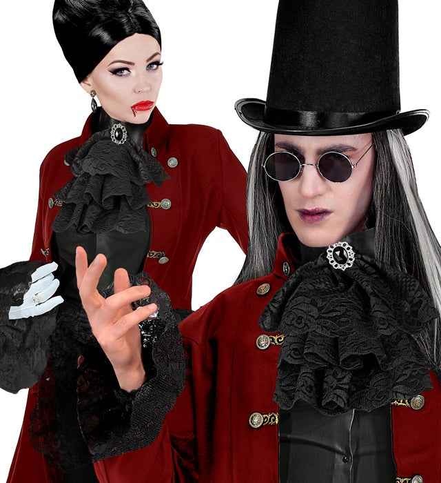 Spitzen-Jabot mit Edelstein und Manschetten als Accessoire für Piratenkostüm
