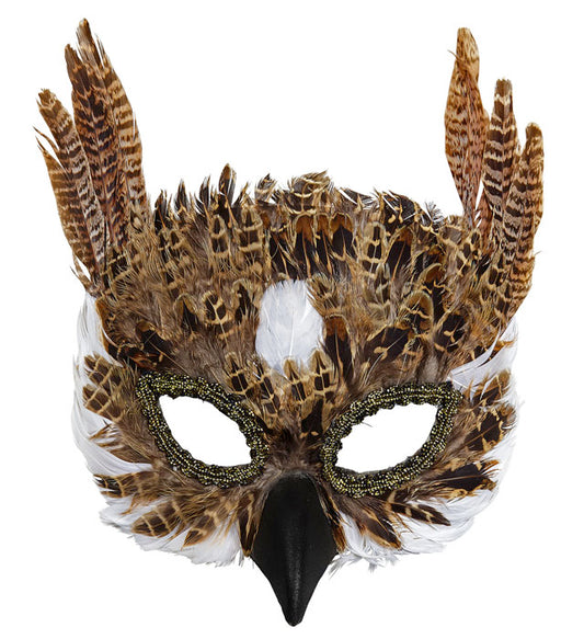 Eulenmaske aus Federn in natürlichem Design für Fasnacht und Karneval
