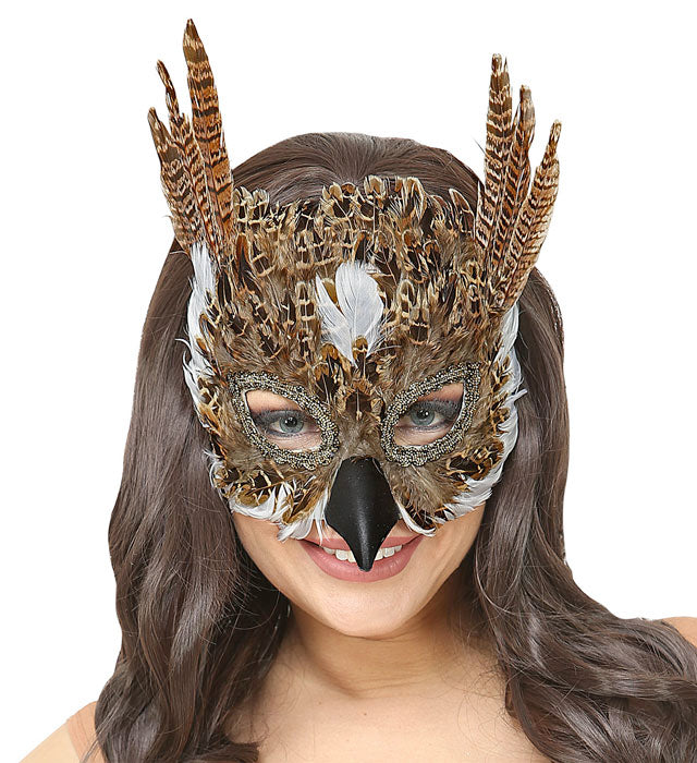 Eulenmaske aus Federn in natürlichem Design für Fasnacht und Karneval