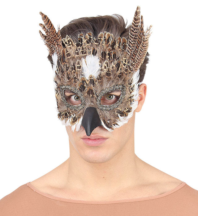 Eulenmaske aus Federn in natürlichem Design für Fasnacht und Karneval