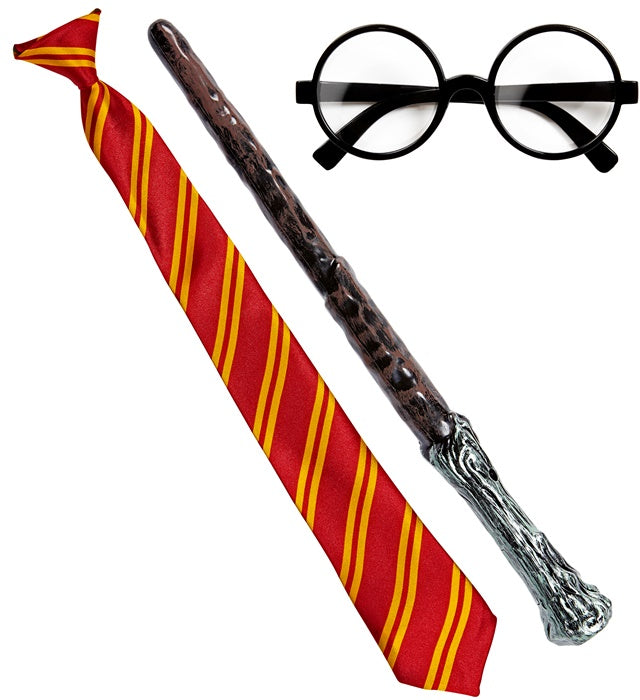 Kinderkostüm Zauberlehrling mit Brille, Krawatte und Zauberstab für Fasnacht